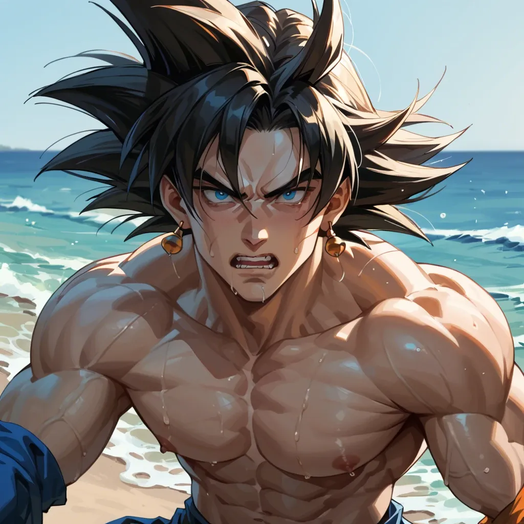 male goku crawling out of the sea has long blond hair reaching the ground blue eyes and a seductive look