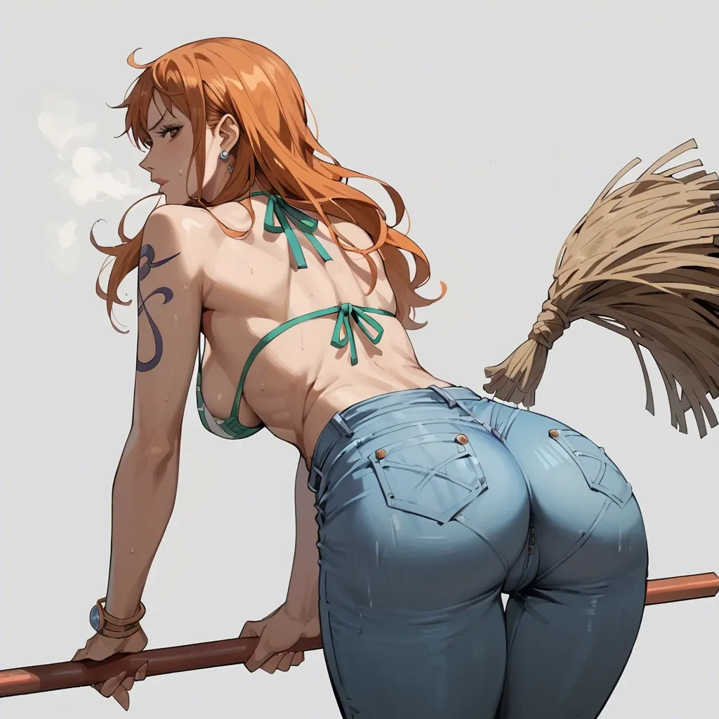 nami one piece, normal bikini, jeans pants, cleaning broom, bend over, ass view