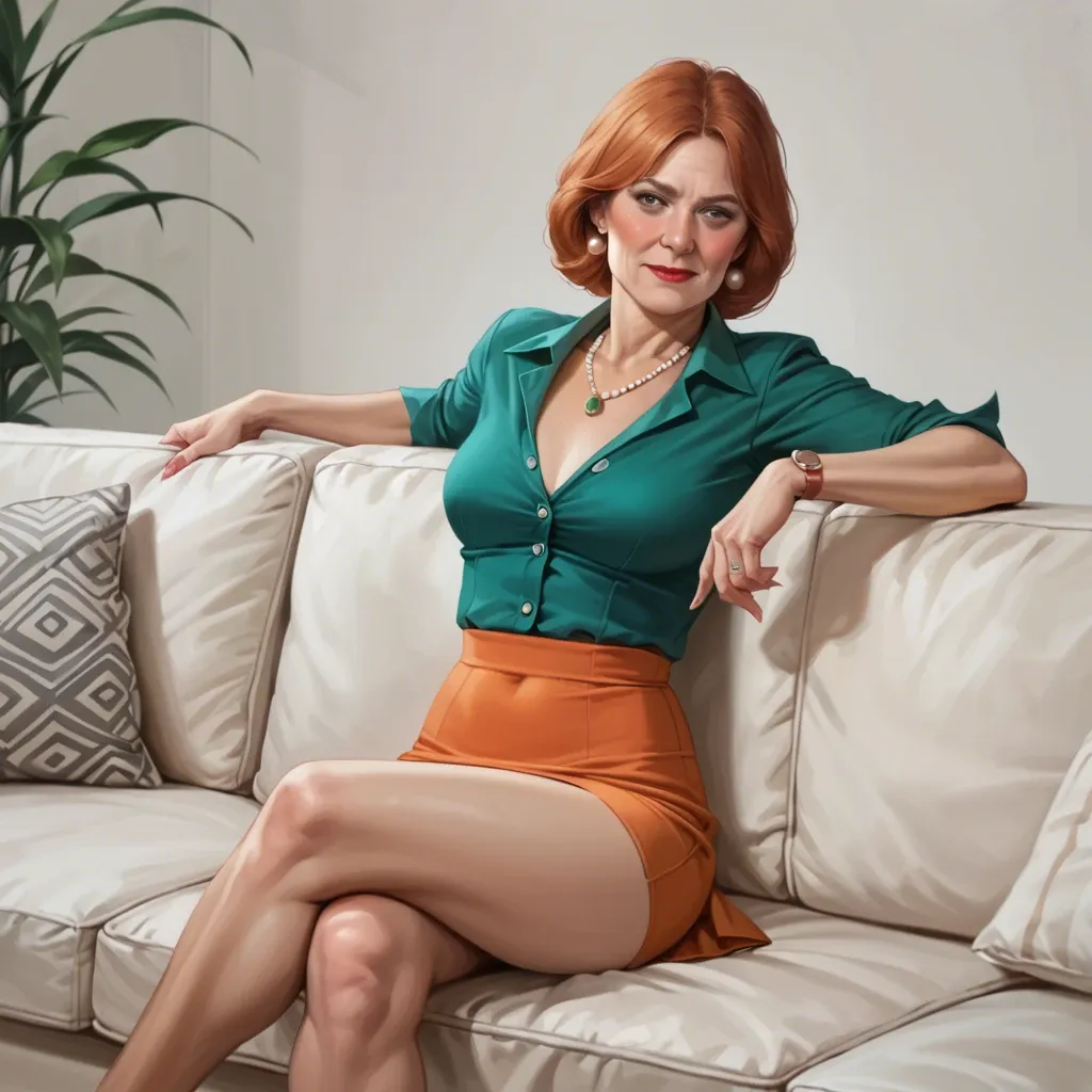 realistic realistic,full detailed,accurate anatomy,lois griffin,mature,milf,petite chest,skinny,slim,cleft of venus,crossed legs, sitting on sofa,blushing,blouse,skirt