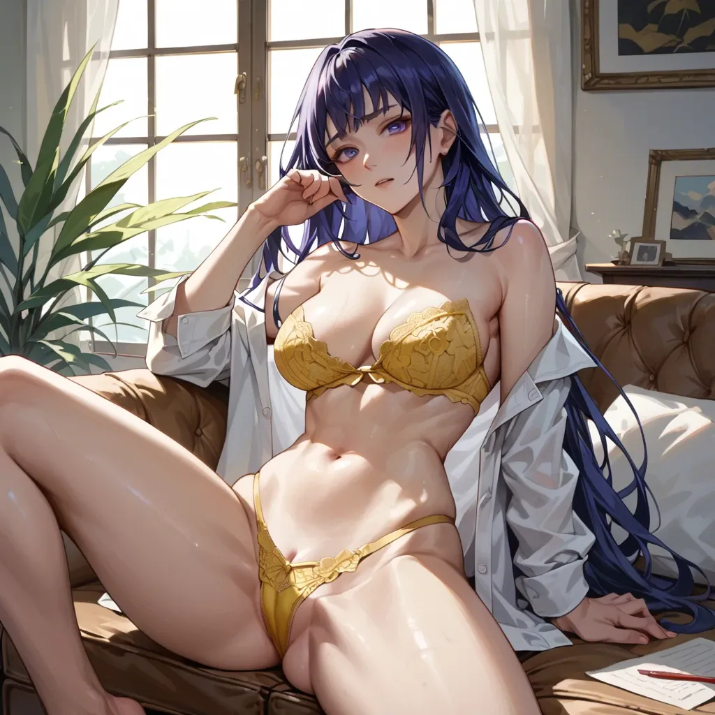 Raiden from Genshin Impact, yellow lace bikini, yellow lace strapless bra, wearing a white shirt, shirt fully unbuttoned, sitting in the room and posing