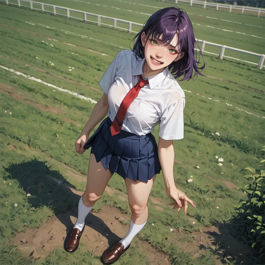 1 girl, 18 years, on field, brown shoes, White socks, blue school skirt, White shirt, purple hair, green eyes, standing, red  tie, smiling