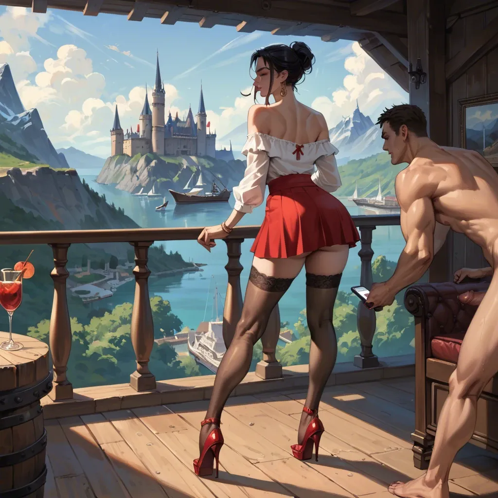 1girl,1boy, , , , high nose,arms tied,saggy boobs,ship deck,off shoulder, red skirt,stockings,metal rings,sexy lingerie,high heels, nightclub, mountains, castle, phone screen, source cartoon, bright-lit, girl lara croft, rei