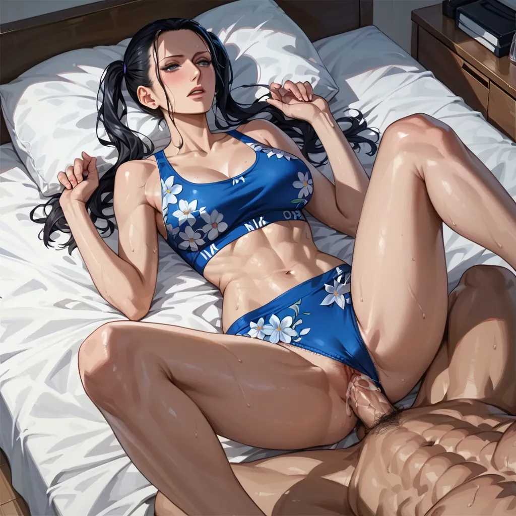 Nico Robin twintails, missionary on bed, sports bra  blue floral, panties blue floral