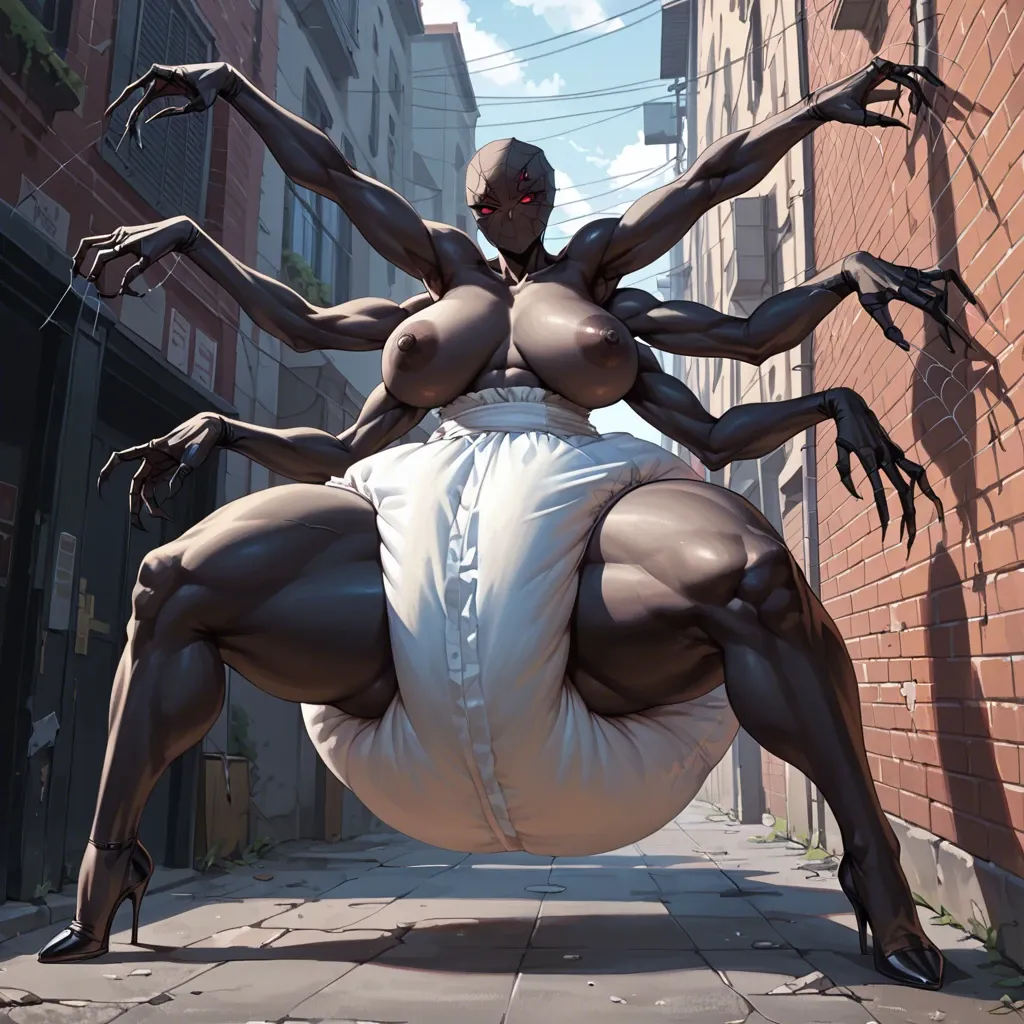 1 girl,solo,,,, big tits, massive ass, huge hips, giant thighs, spider monster, black skin, black fur, fluffy fur, multiple eyes, red eyes, six arms, webs, suspended, dark alleyway, hyper diaper