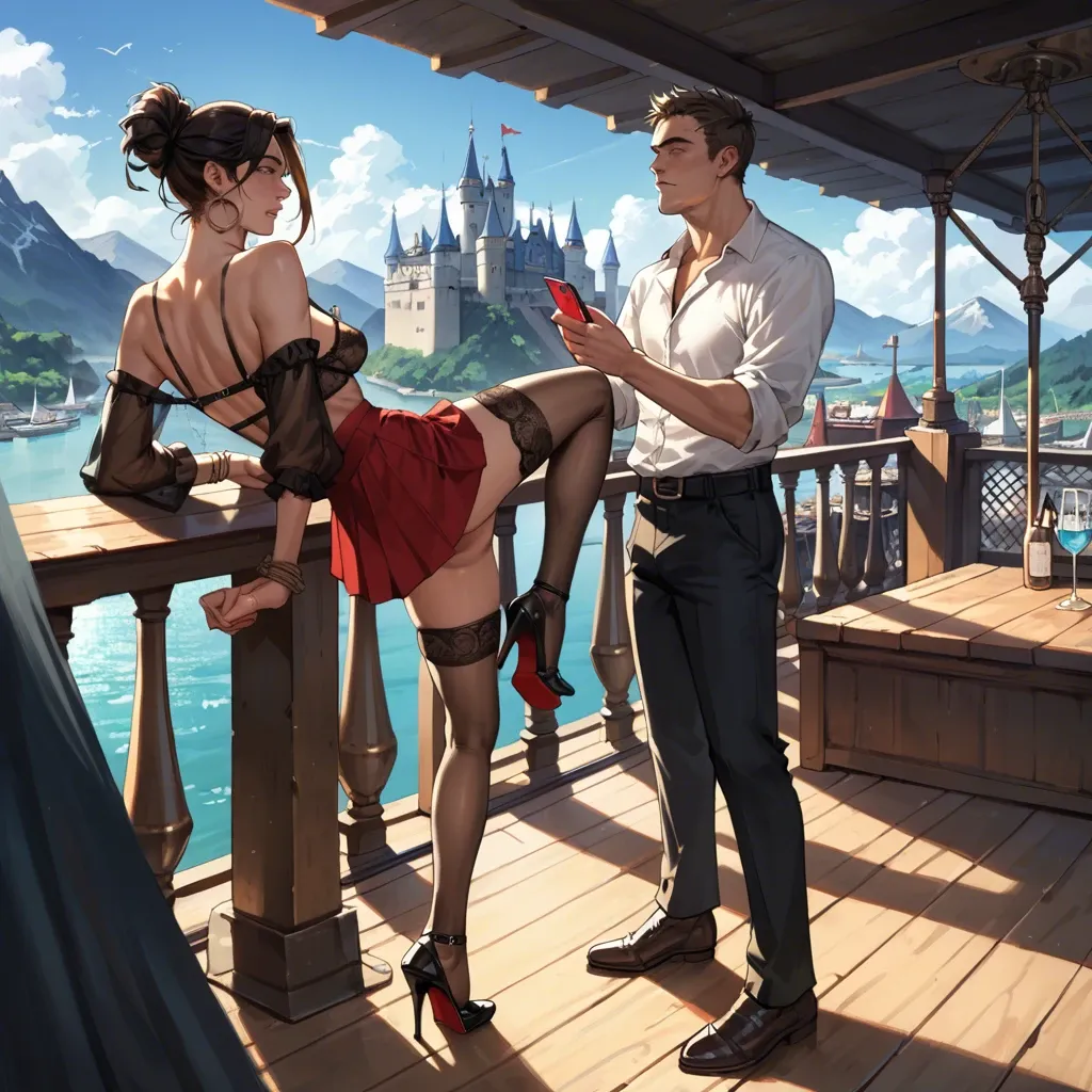 1girl,1boy, , , , high nose,arms tied,saggy boobs,ship deck,off shoulder, red skirt,stockings,metal rings,sexy lingerie,high heels, nightclub, mountains, castle, phone screen, source cartoon, bright-lit, girl lara croft, rei