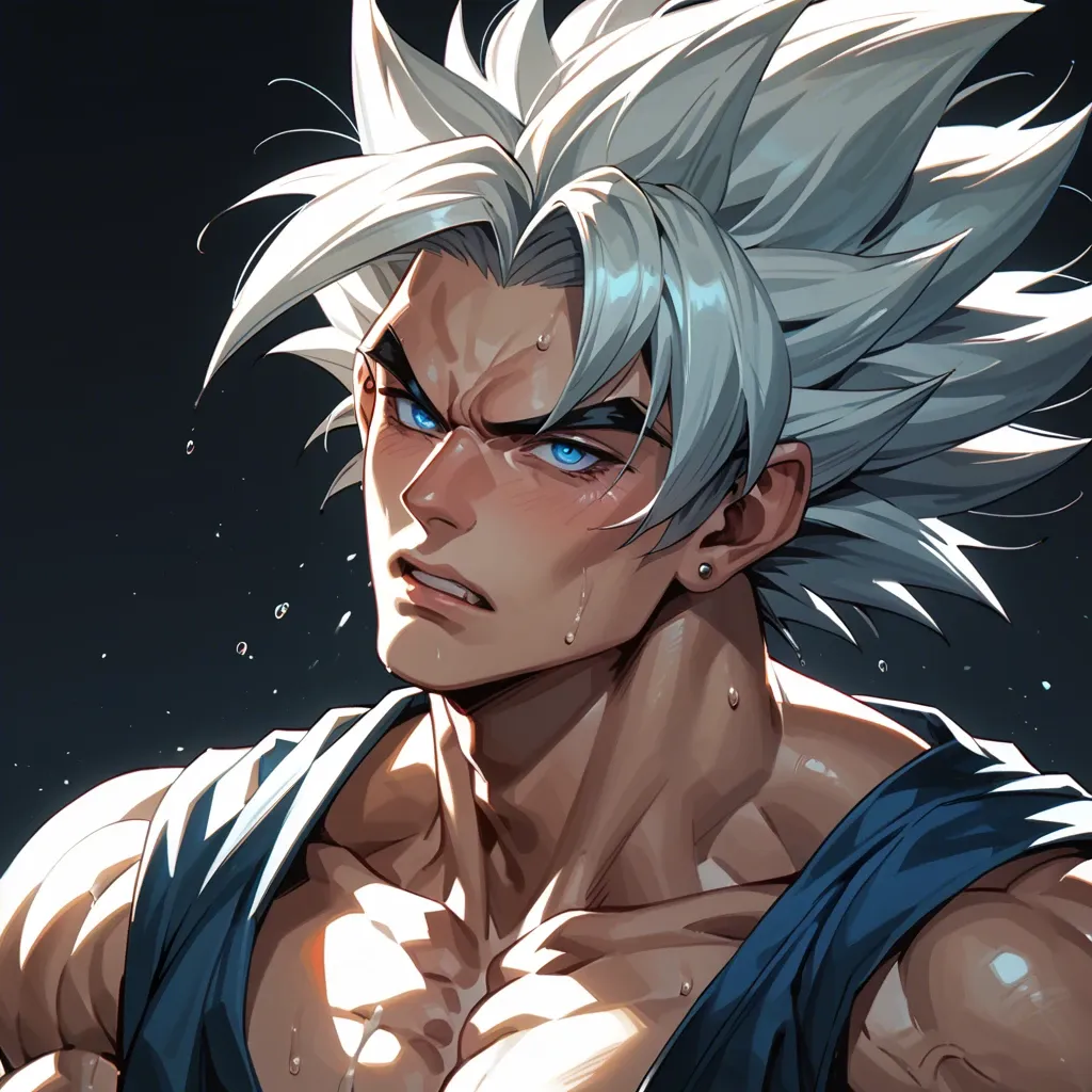 male goku crawling out of the sea has long blond hair reaching the ground blue eyes and a seductive look