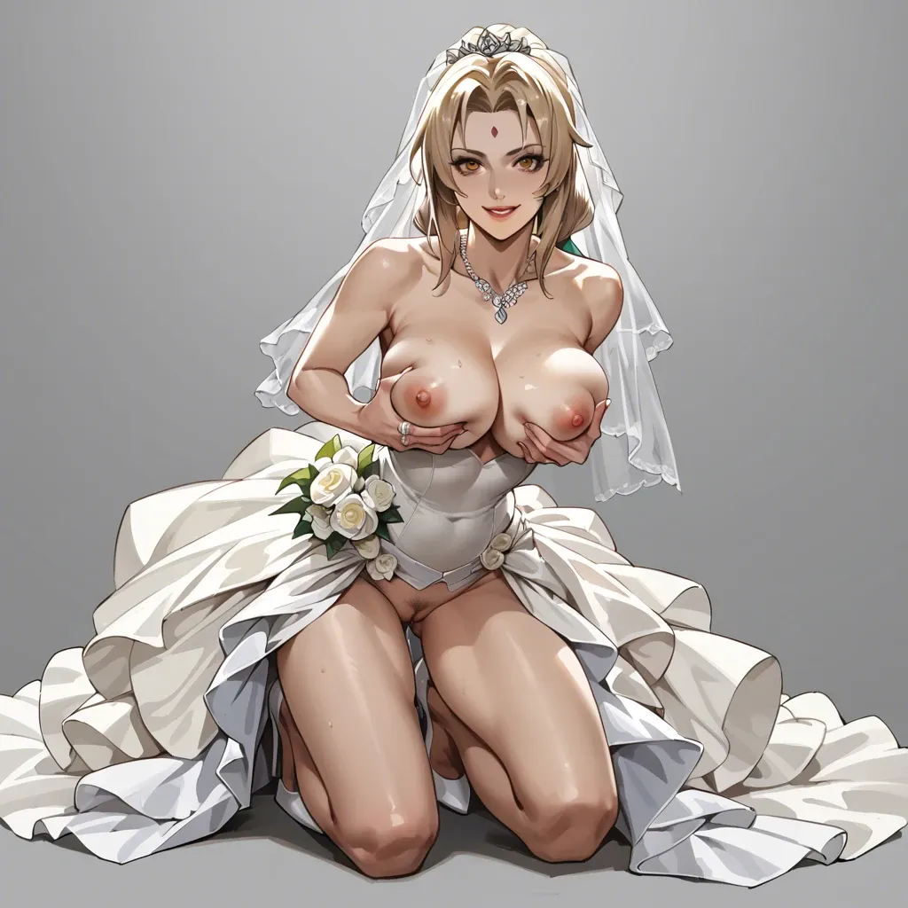 Tsunade, sexy wedding dress, high heels, wedding hall, smile, big breast, sexy body, big eyes, black husband grab breast from behind, flashing tits