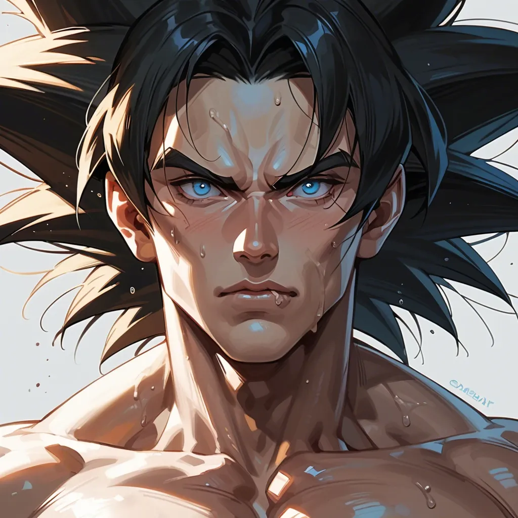 male goku crawling out of the sea has long blond hair reaching the ground blue eyes and a seductive look