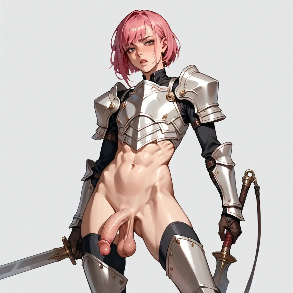 Femboy, armor, pink hair, medium penis saggy balls, anime style