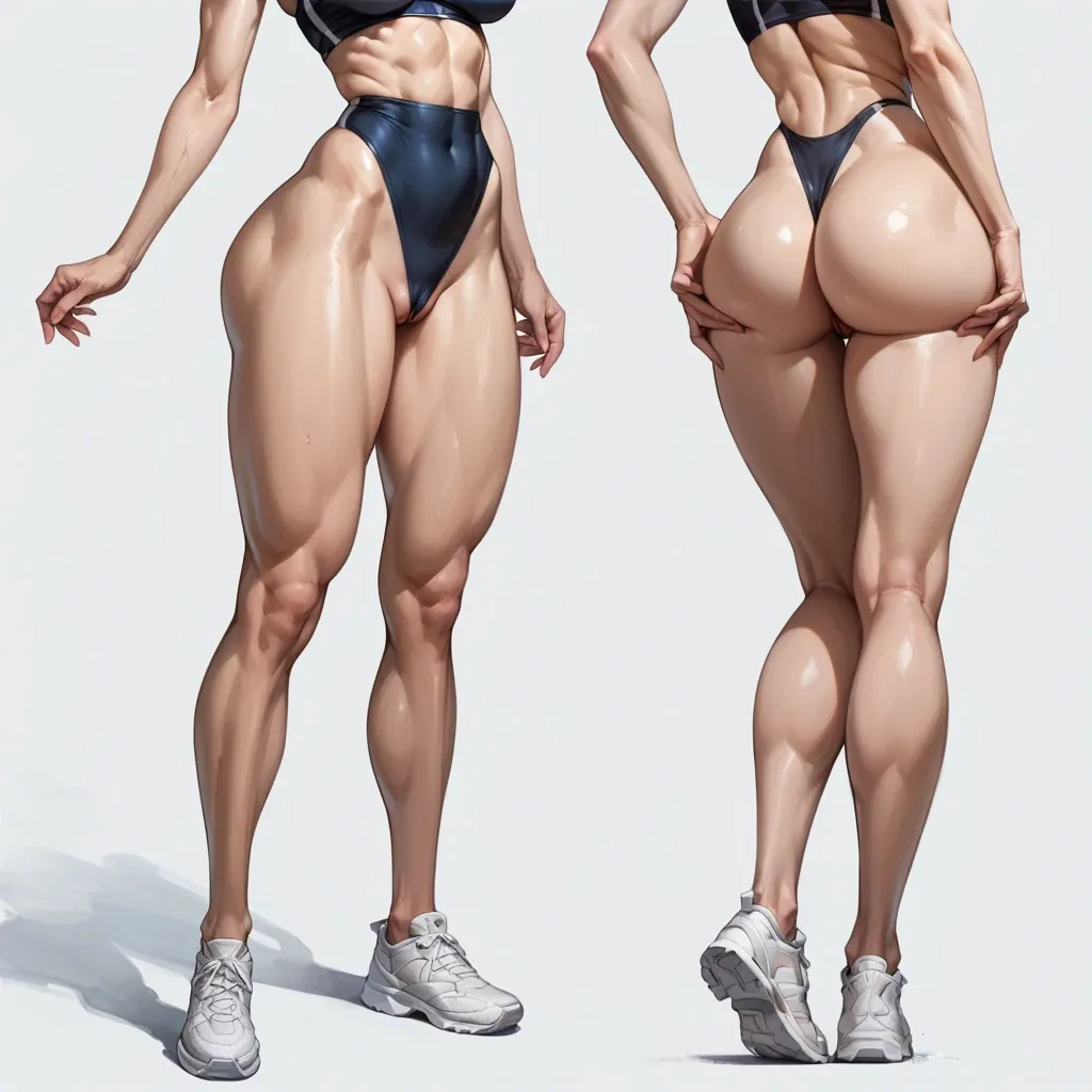 Fitness suit, Massive legs, slim top, long legs close up, big athletic bubble butt, thin thong, side view, detailed, exposed perfect tits, exposed heavy ass, thin waist, show shaved pussy