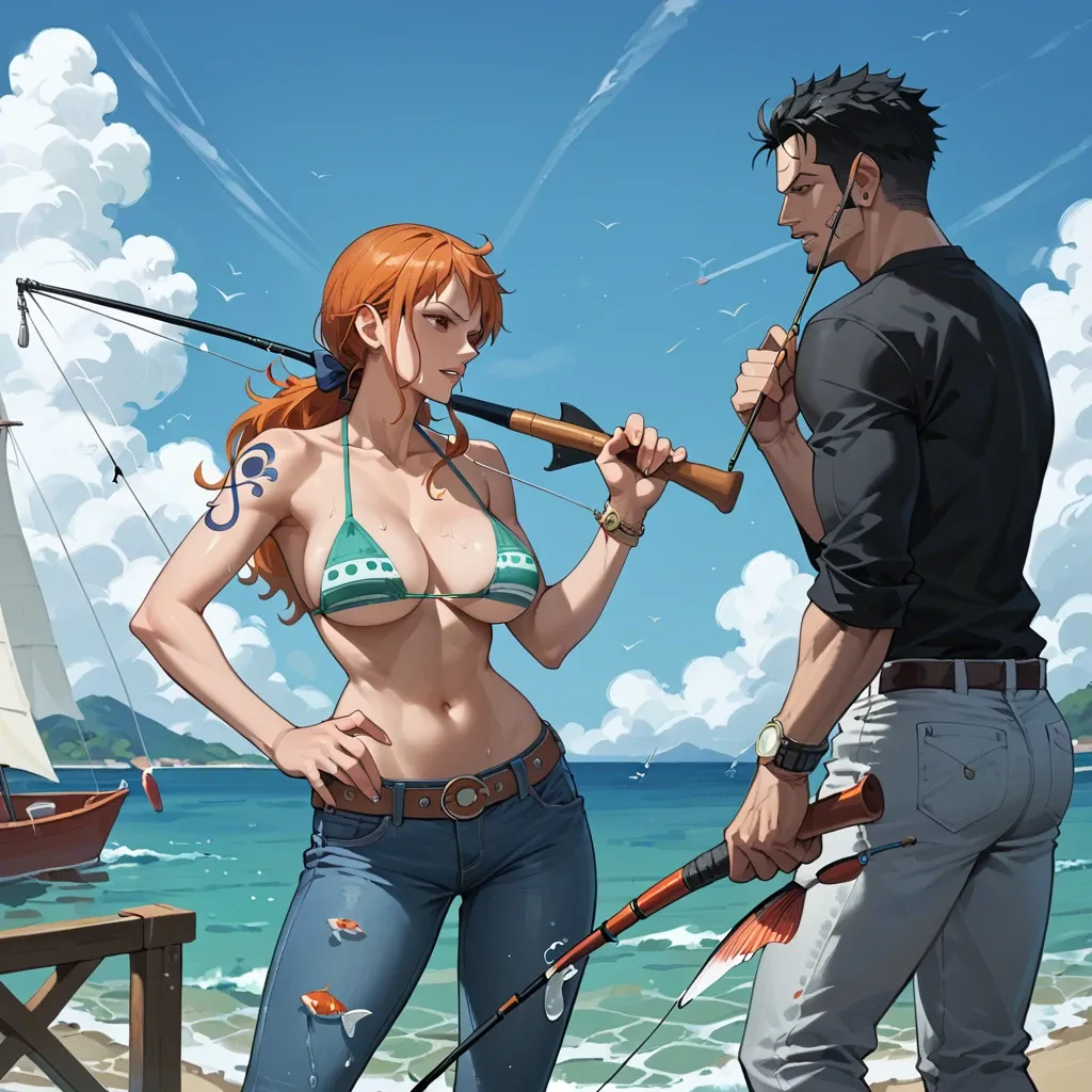 nami one piece, normal bikini, jeans pants, fishing rod, fishing