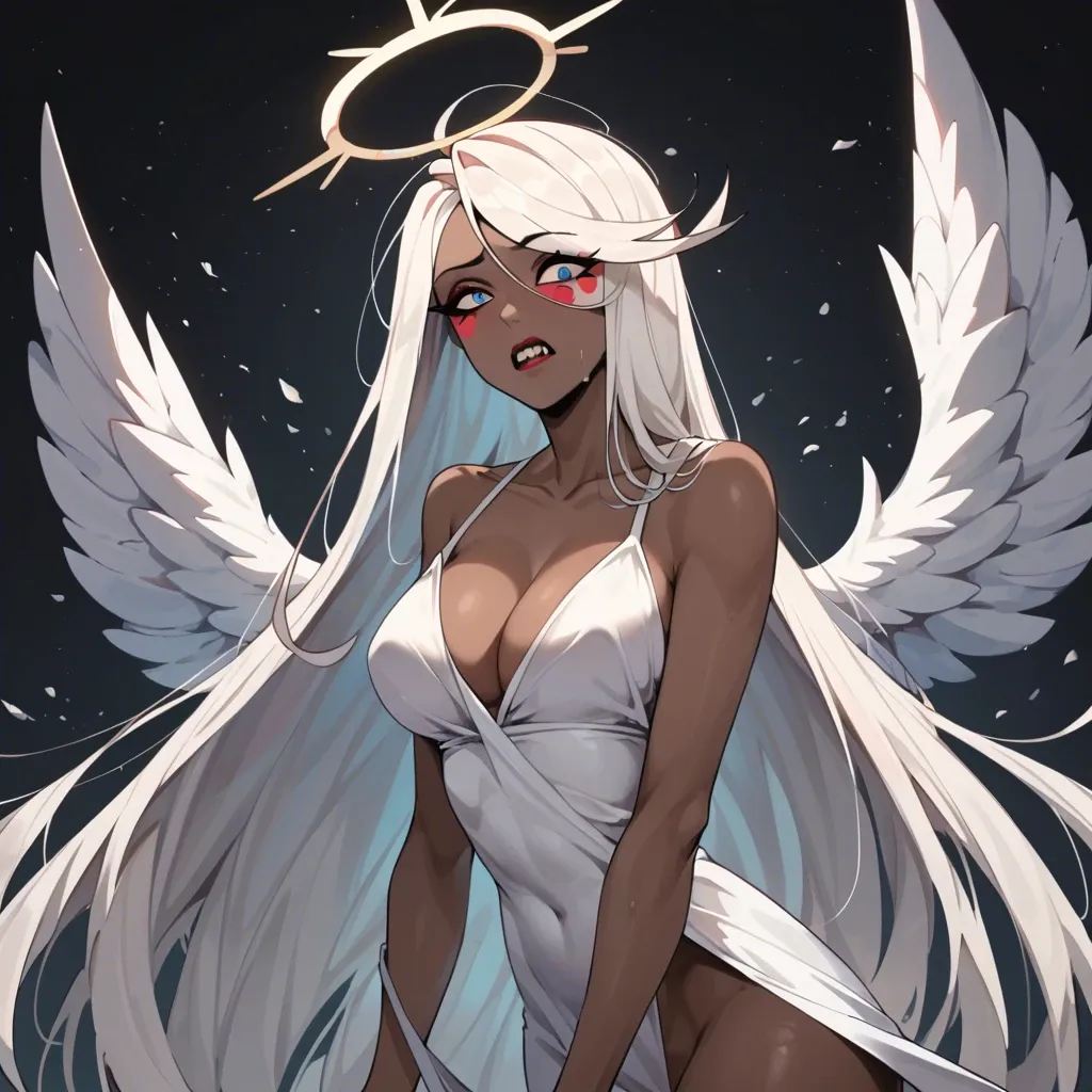 Emily (Hazbin Hotel) < lora:emily-hazbin:0.8 > long hair, halo, blue eyes, xemilyx, angel, colored skin, angel wings, white hair, bangs, very long hair, dark skin,  breasts, dark-skinned female