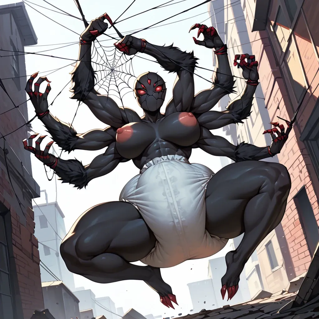 1 girl,solo,,,, big tits, massive ass, huge hips, giant thighs, spider monster, black skin, black fur, fluffy fur, multiple eyes, red eyes, six arms, webs, suspended, dark alleyway, hyper diaper