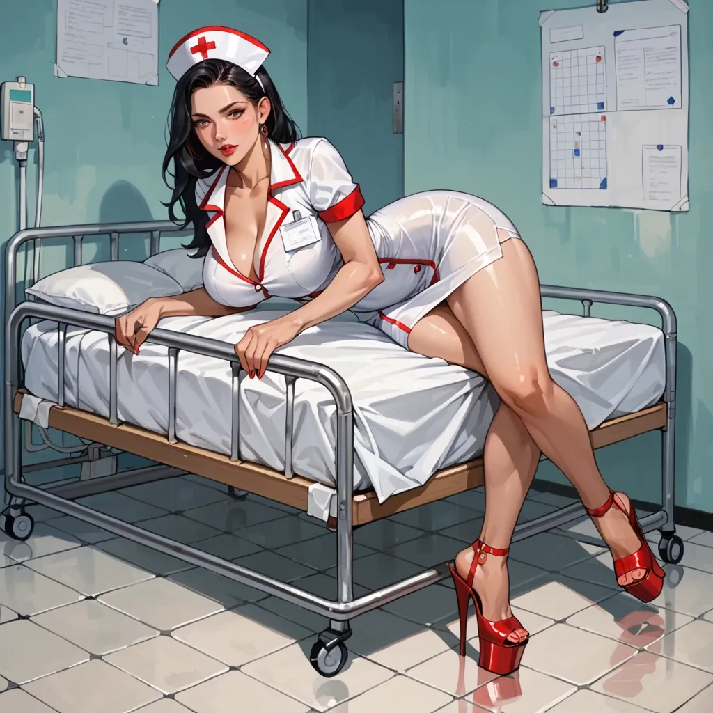 Slutty nurse, cute face, large breasts, platform heels, tight uniform, examining patient in bed, hospital room