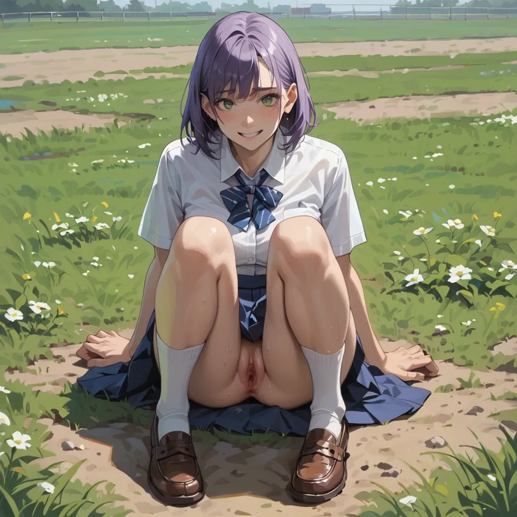 1 girl, 18 years, on field, brown shoes, White socks, blue school skirt, White shirt, purple hair, green eyes, stand strait, smiling,