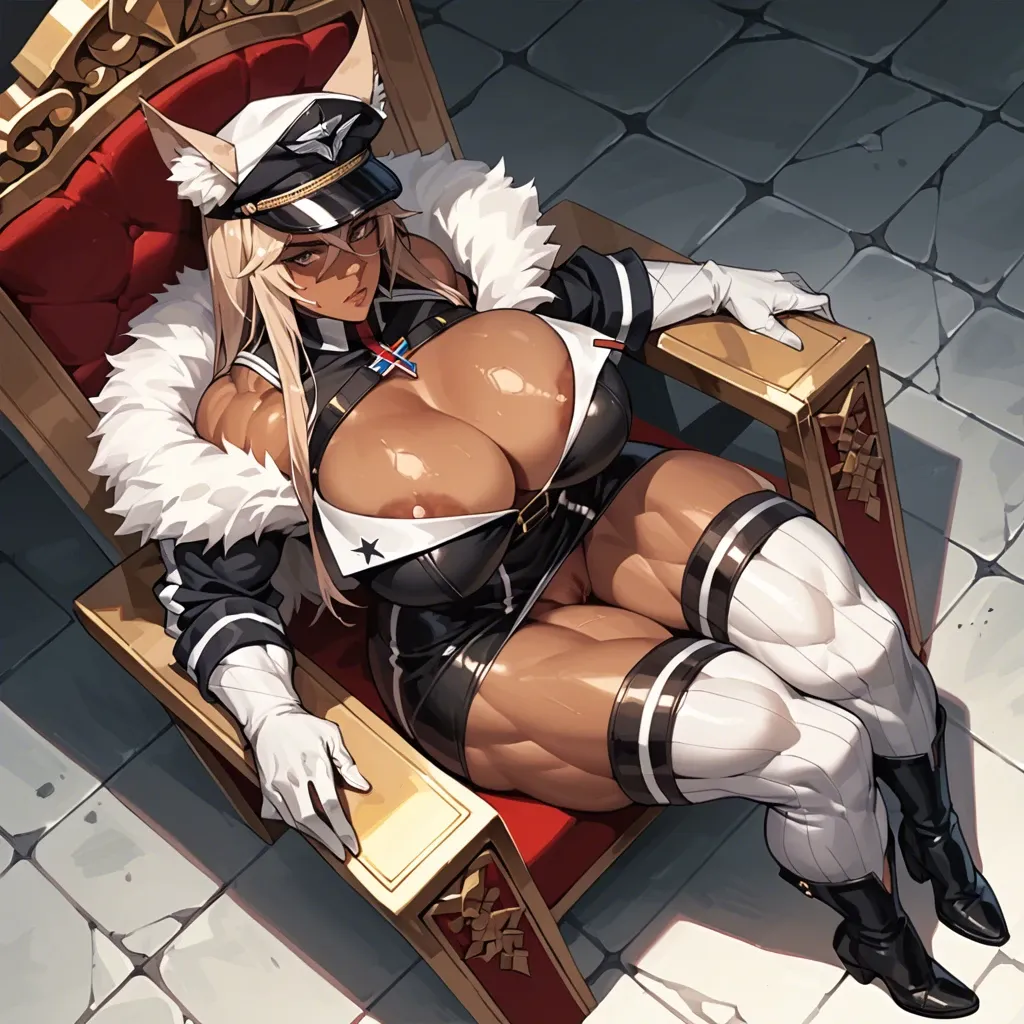 Whole body high angle view , Brown skin with tigerstripes , very muscular , gigantic brown breasts , foxgirl , she is sitting on her throne , she is wearing Bismarck outfit , outfit is barely covering her gigantic brown breasts , foxears showing under cap , fluffy white/brown foxtail ,  eye patch on her eye , (white single braid hair) , (tigerstripes on gigantic brown ass) , (gigantic brown breasts) ,(brown skin with tigerstripes) ,