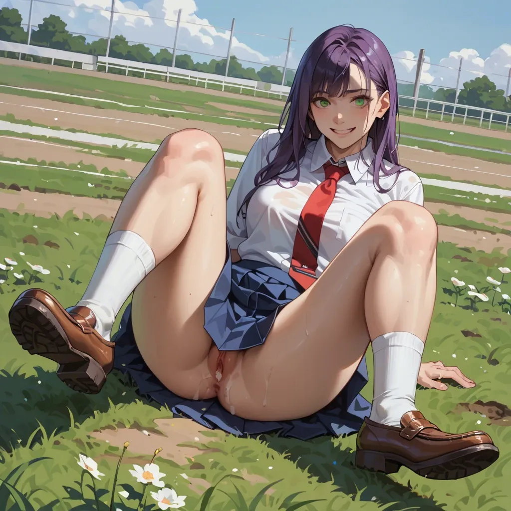 1 girl, 18 years, on field, brown shoes, White socks, blue school skirt, White shirt, purple hair, green eyes, stand strait, smiling, red  tie, stand on feet,