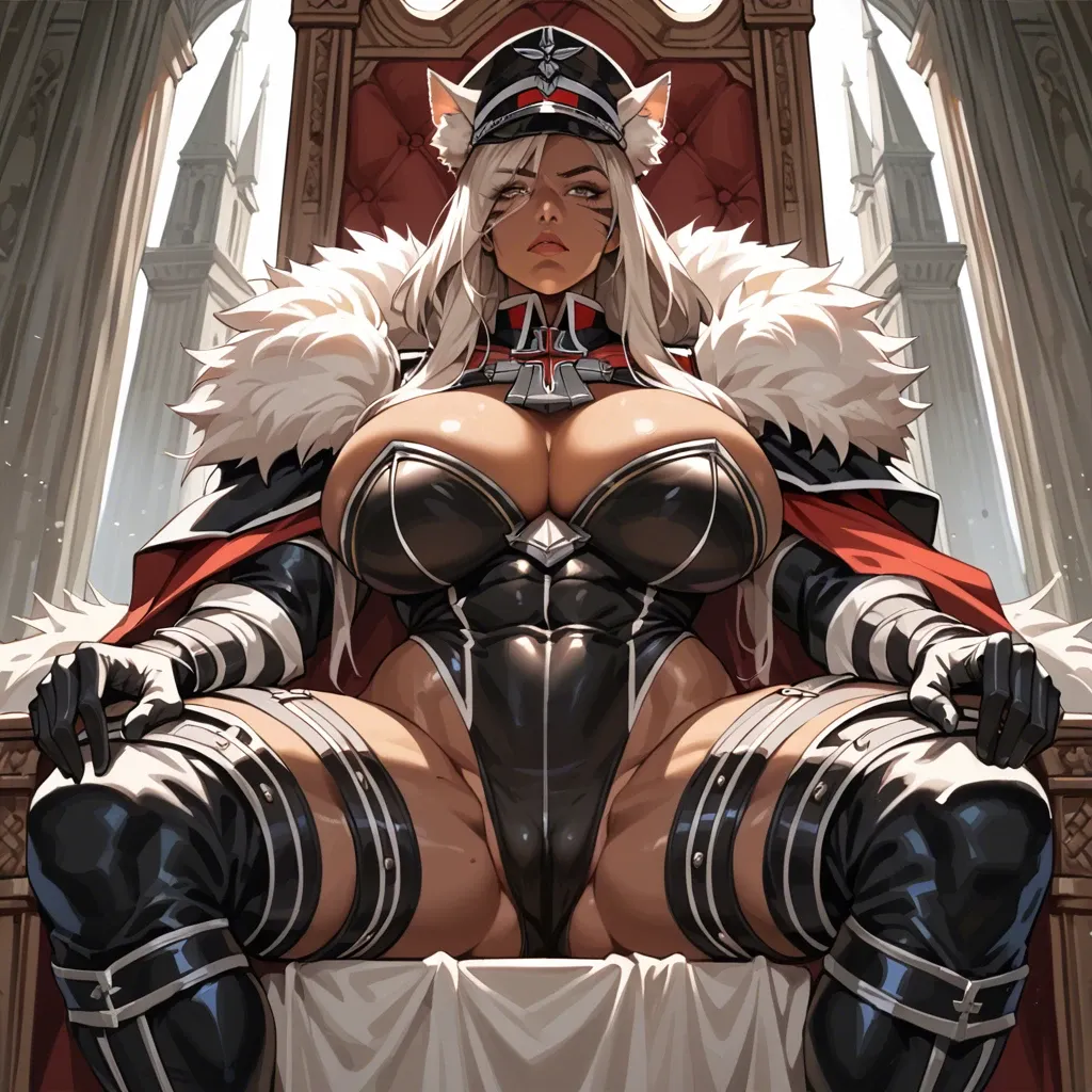 Whole body low angle view , Brown skin with tigerstripes , very muscular , gigantic brown breasts , foxgirl , she is sitting on her throne , she is wearing Bismarck outfit , outfit is barely covering her gigantic brown breasts , foxears showing under cap , fluffy white/brown foxtail ,  eye patch on her eye , (white single braid hair) , (tigerstripes on gigantic brown ass) , (gigantic brown breasts) ,(brown skin with tigerstripes) ,