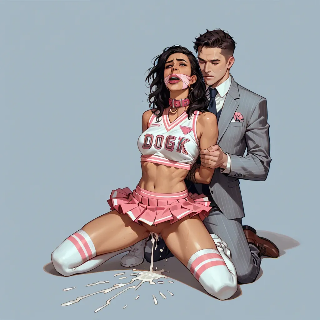 Latina, messy black hair, white cheerleader outfit, pink dog collar, pink knee high socks, white boots, on knees, arms tied behind back, legs spread, fucked in doggy position, guy in suit, cumming, eyes rolled back, gagged