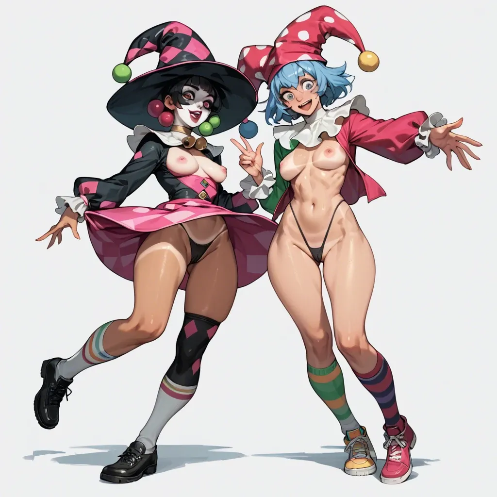 2girl, , , , big round eyes,women bare feet,pink nipples,super wide hips,tan line, no skirt,knee-high socks,jester cap,showing thong,shoes, pink dress,knee socks,witch hat,black panties,shoes, showering, water sparkles, spaceship, robot, source anime, brightly, spider-gwen, sailor moon