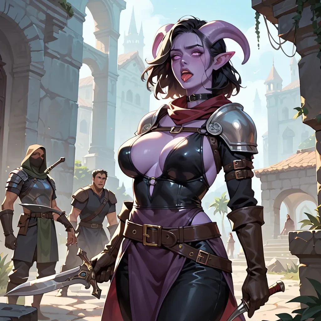 skinny body, leather breastplate armor, big breasts, thief adventurer outfit. tunic, scarf, pants, wide belt, tiefling girl with purple skin and black hair, cute. choker, , leather gloves, dagger, 20 years old, expressive face, tongue out, long tongue (10cm)