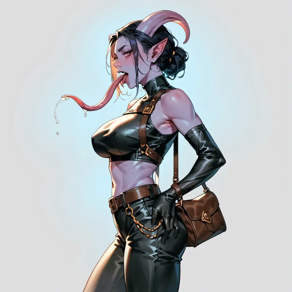 sexy face expression, young cute skinny tiefling girl, big breasts, colored skin,  leather breastplate cuirass, pants, belt, shirt, long gloves, adventurer thief outfit, side view daggers, potions, waist bag, long tongue, ahegao