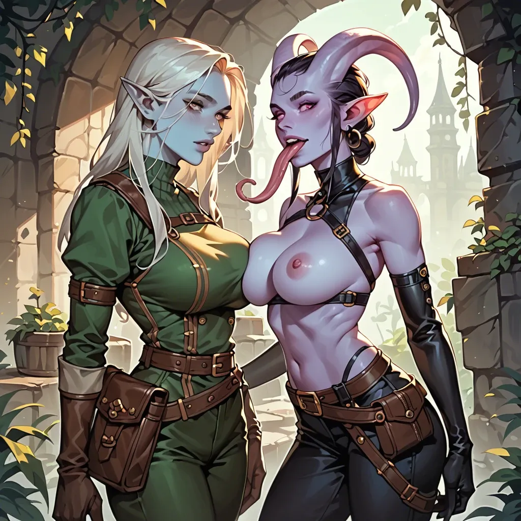 sexy face expression, young cute skinny tiefling girl, watching at viewer, big breasts, colored skin,  leather breastplate cuirass, pants, belt, shirt, long gloves, adventurer thief outfit, side view daggers, potions, waist bag, long tongue, ahegao