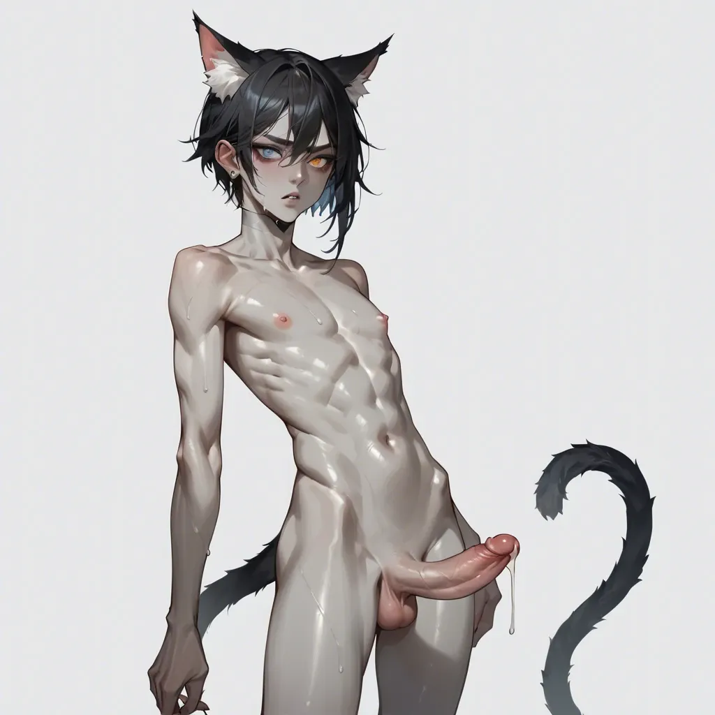 Femboy, tall, skinny body, gray skin, long cat ears, black hair, woolfcut, heterochromia