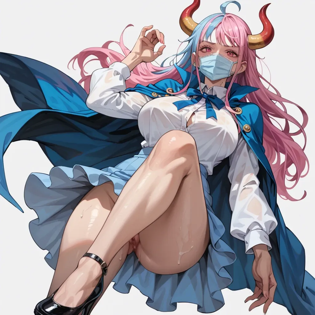 horns, pink eyes, multicolored hair, bangs, ahoge, mouth mask, blue cape, white shirt, long sleeves, neck ribbon, light blue skirt, large breasts, looking at you, (ulti from One Piece Both hands and one leg were chained from above.),  standing doggy style, woman has one leg up,boy massive cock, rough sex ,