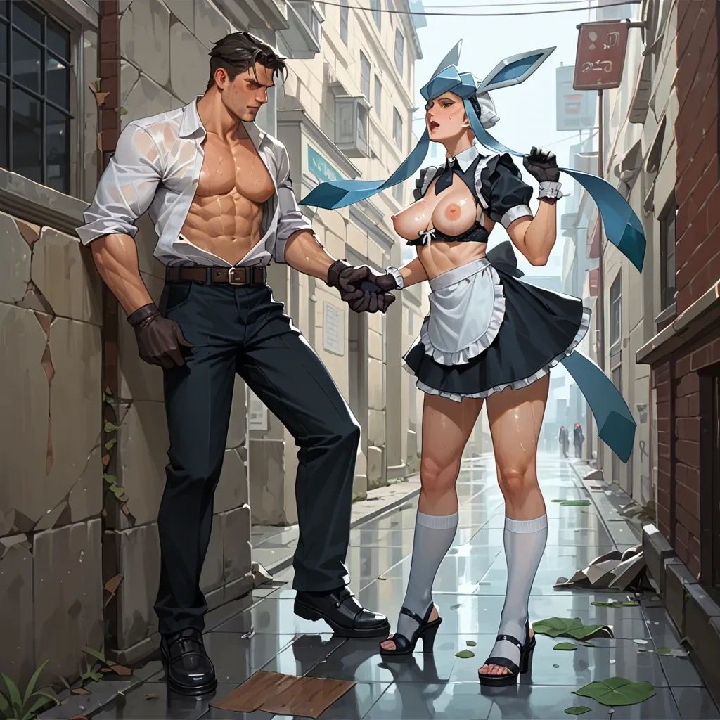 2girl, , , , molest,hands raised,wide areolae,male breasts,cybermutant, maid dress,socks,black gloves,thongs,shoes, open shirt,glaceon,jewelry,pull wet bra,strappy sandals, white t-shirt,thighhighs,suspenders,tight swimsuit,shoes, office girl, bathing in lake, gagged, rei ayanami