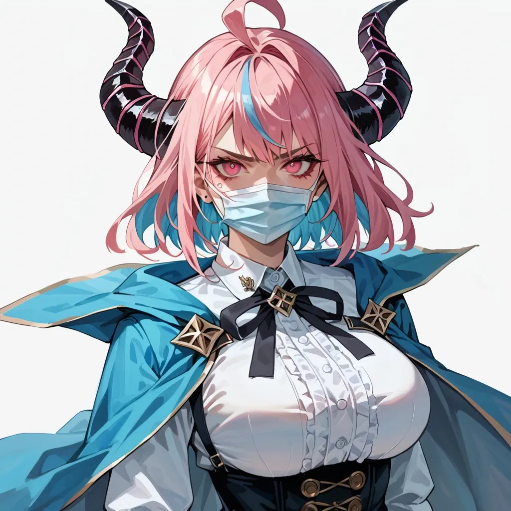 ulti, horns, pink eyes, multicolored hair, bangs, ahoge, mouth mask, blue cape, white shirt, long sleeves, neck ribbon, light blue skirt, high-waist skirt, large breasts, upper body, looking at you, serious,