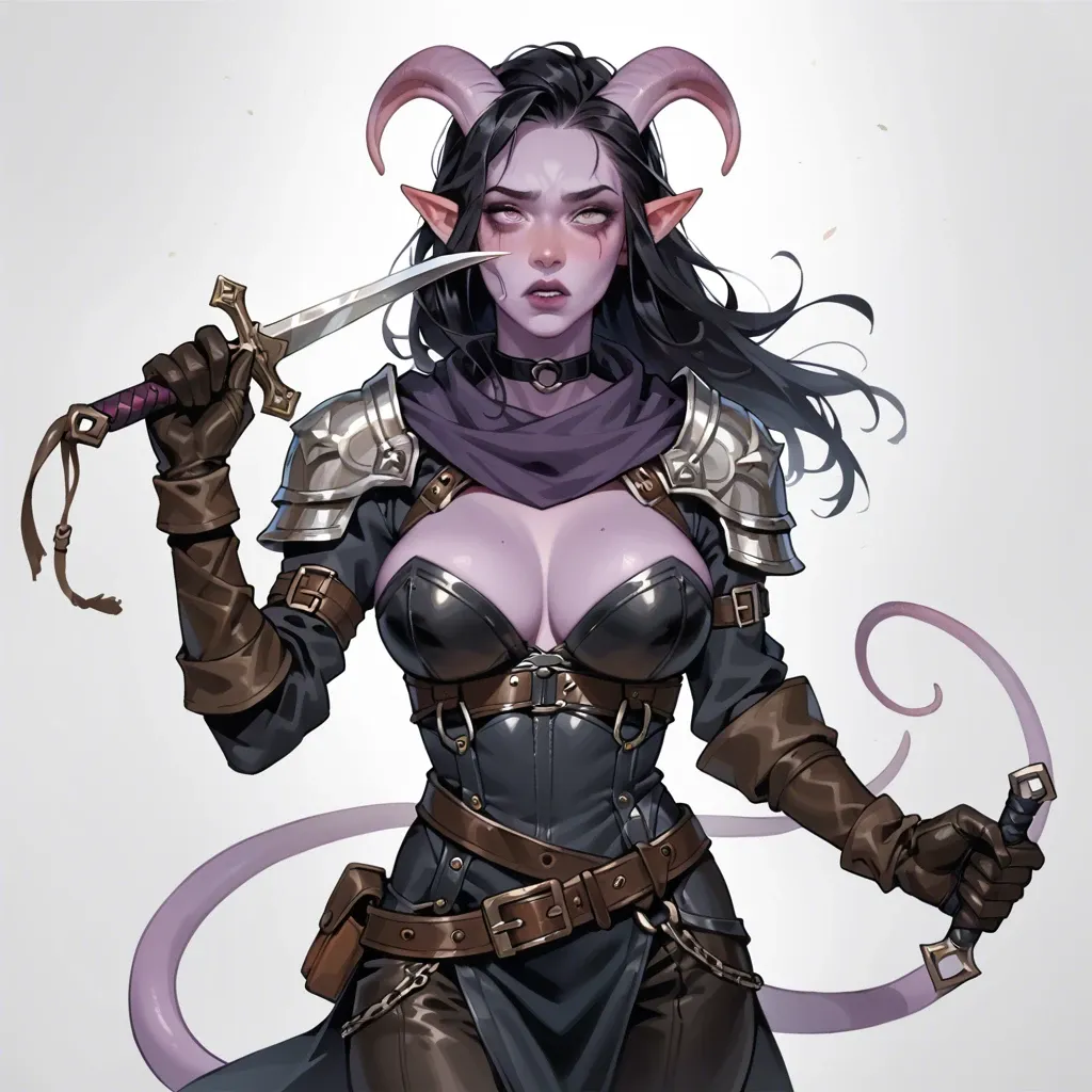 skinny body, leather breastplate armor, big breasts, thief adventurer outfit. dark tunic, scarf, pants, wide belt, tiefling girl with purple skin and black hair, cute. choker, , leather gloves, dagger, 20 years old, expressive face, tongue out, long tongue (10cm)