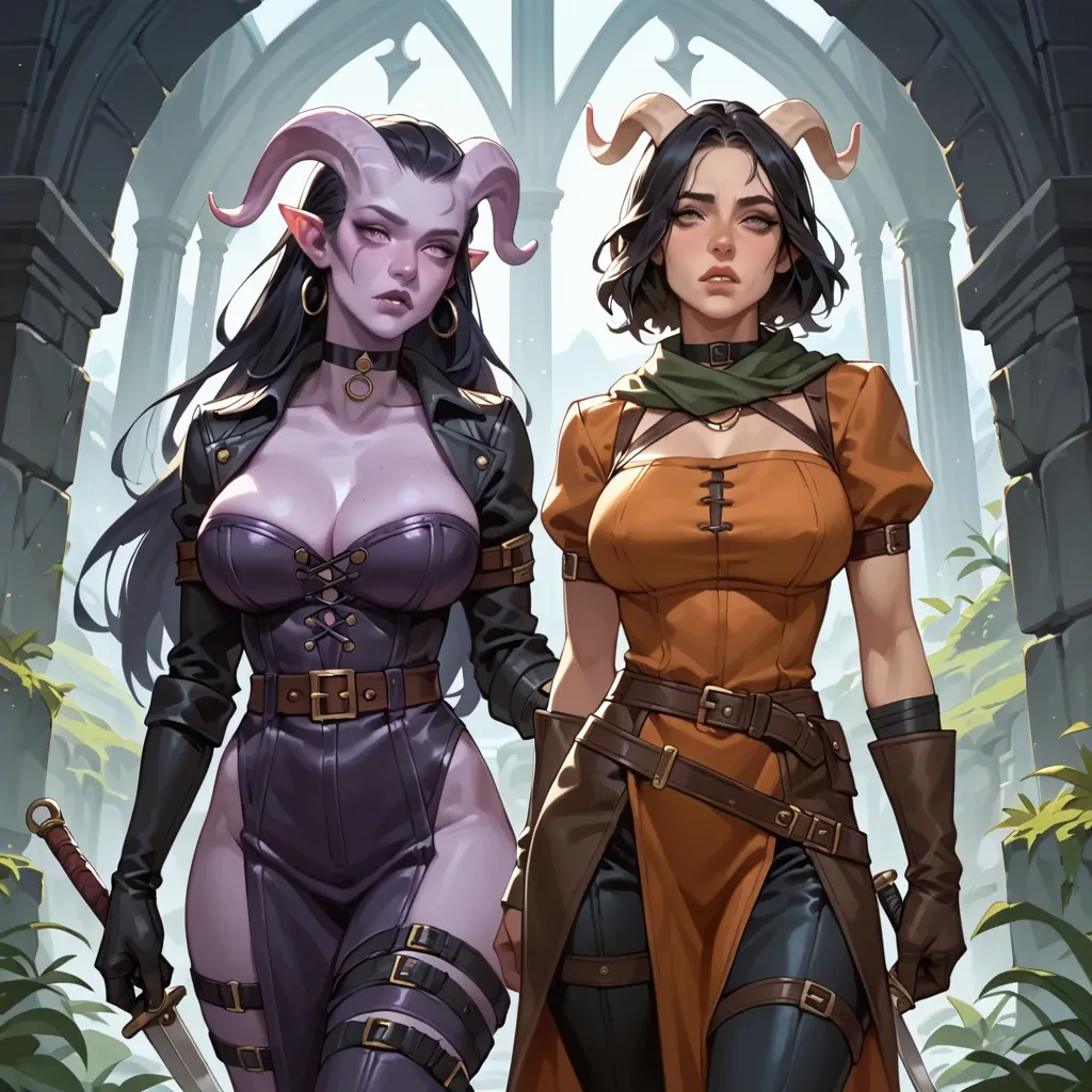 skinny body, leather breastplate cuirass, big breasts, thief adventurer outfit. tunic, scarf, pants, wide belt, tiefling girl with purple skin and black hair, cute. choker, , leather gloves, dagger, 20 years old, expressive face, side view