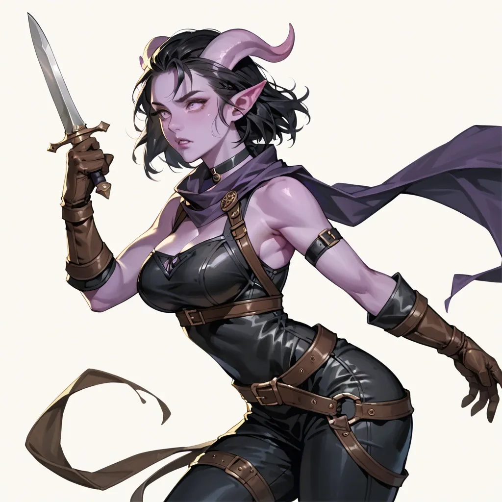 dynamic pose, skinny body, leather breastplate armor, big breasts, side view, thief adventurer outfit. dark tunic, scarf, pants, wide belt, tiefling girl with purple skin and black hair, cute. choker, , leather gloves, dagger, 20 years old, expressive face,