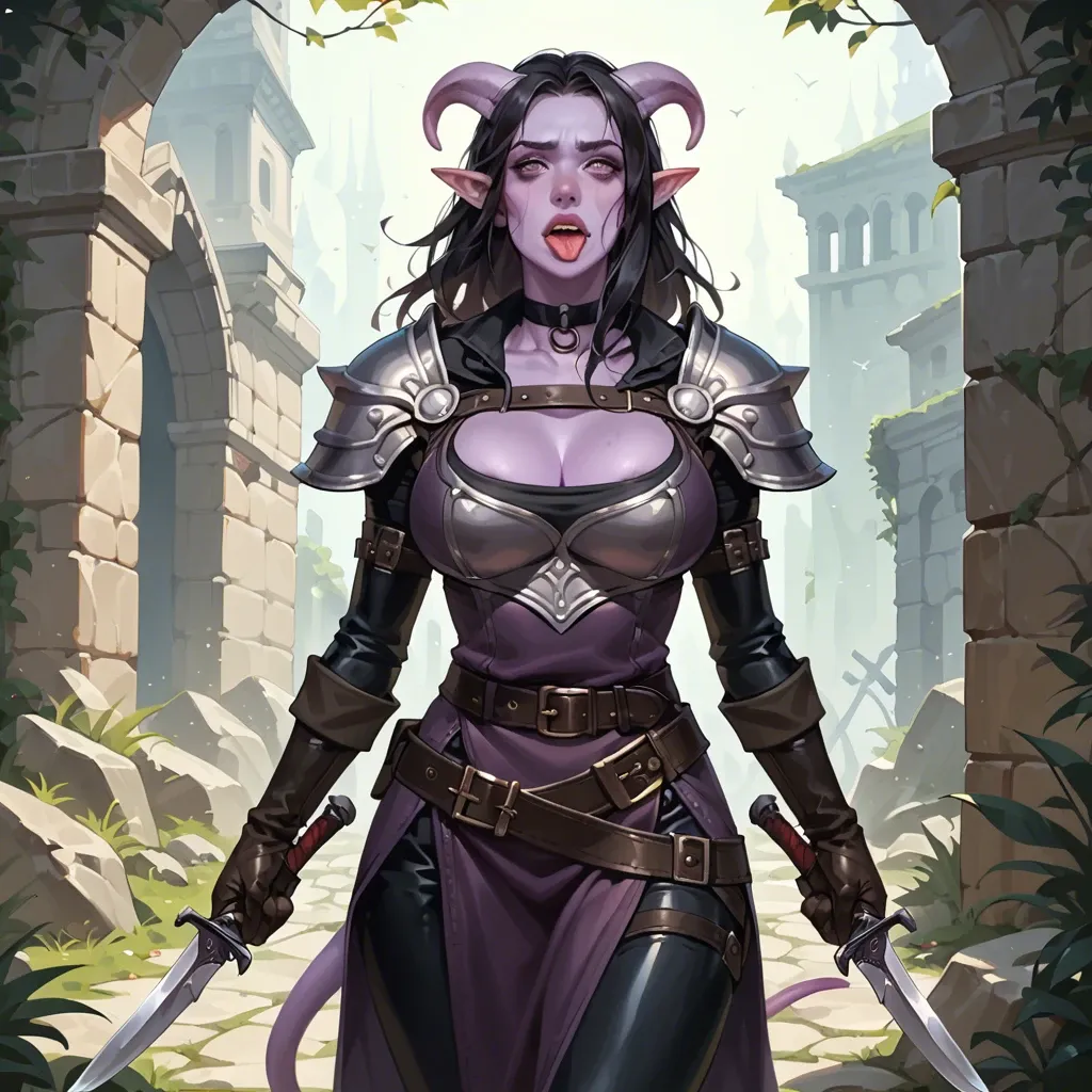 skinny body, leather breastplate armor, big breasts, thief adventurer outfit. tunic, scarf, pants, wide belt, tiefling girl with purple skin and black hair, cute. choker, , leather gloves, dagger, 20 years old, expressive face, tongue out, long tongue (10cm)