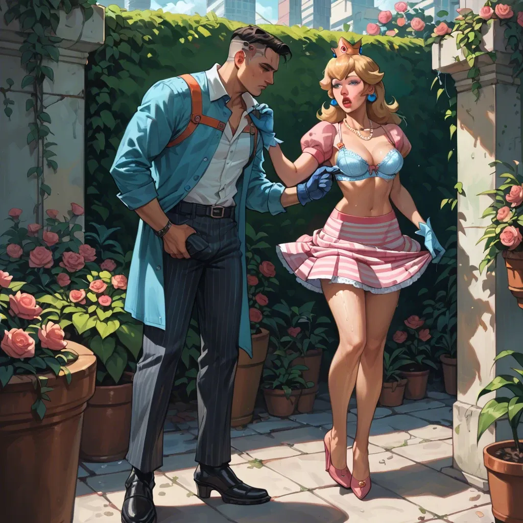 1girl,1boy, , , , very thick lips,hands down,perky boobs,waists,pearl necklace, underskirt,striped skirt,blue gloves,pull wet bra,high heels, barely, garden, cyberpunk, princess peach, rapunzel