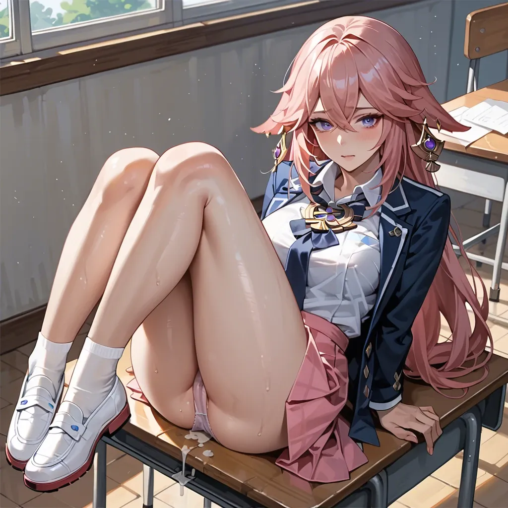 Yae Miko from Genshin Impact, dressed in a blue school jacket, wearing a pink skirt, white opaque panties, she is sitting at a school desk, legs bent at the knees, raised up and lying on the school desk in front of her, shirt button unbuttoned, sideboob