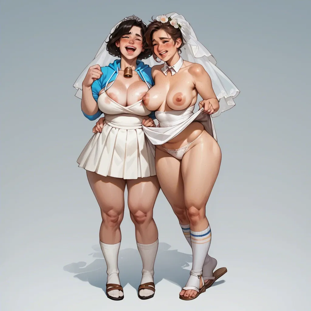 2girl, , , , spread cheeks,fat knees,boob areola,cleavage,neck bell, freckle,left hand,big areolae,waist,fat neck, lift skirt,socks,bridal veil,panties down,sandals, sweatshirt,anklets,bracelets,black thong,heels, parking, medieval tavern, table, belle