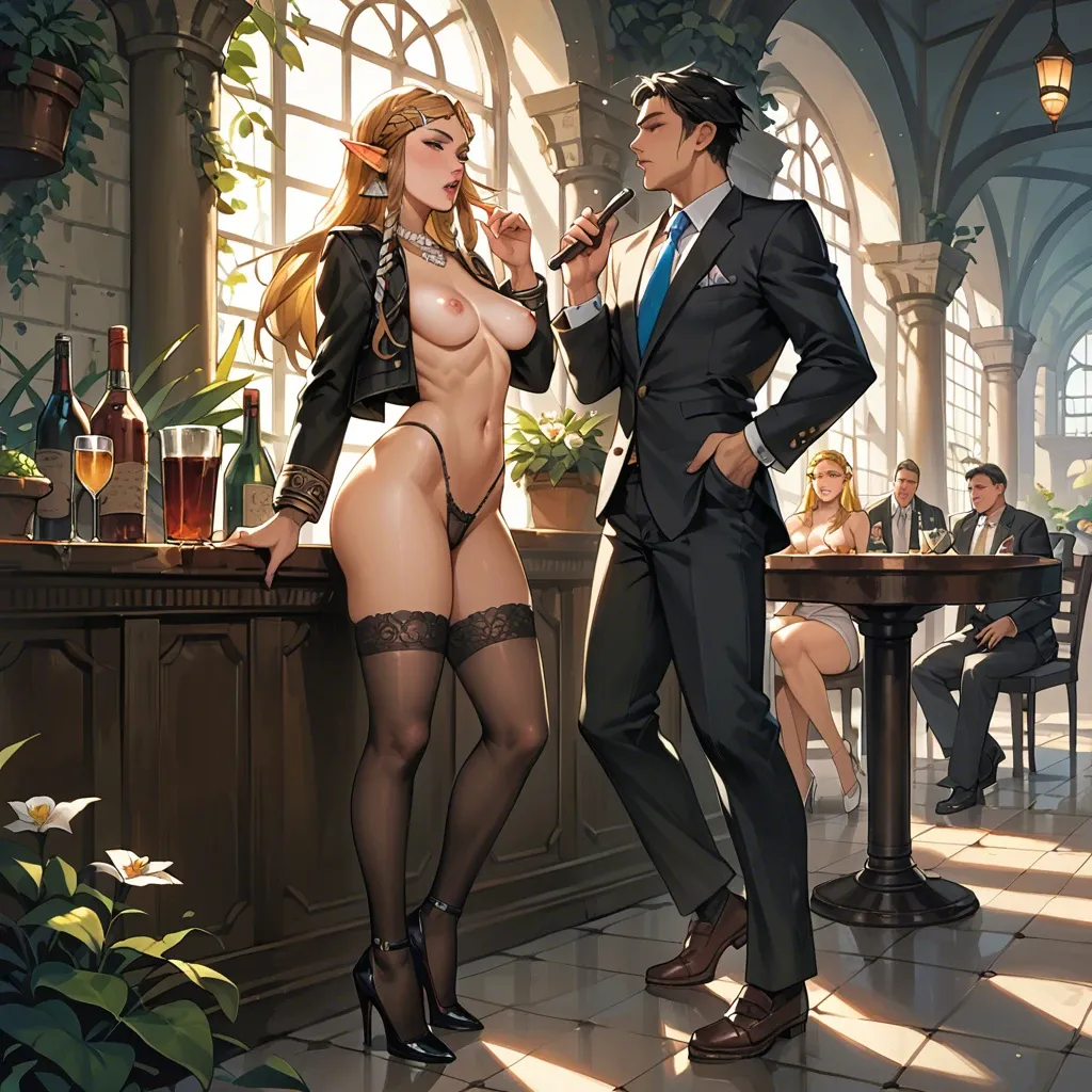 1girl,1boy, , , , pulling lips,high heel,firm breasts,medium hips,distance, black jacket,lace stockings,lace panties,thong,heels, nightclub, garden, tavern setting, western cartoon, sunlight, princess zelda, jasmine, dynamic angle