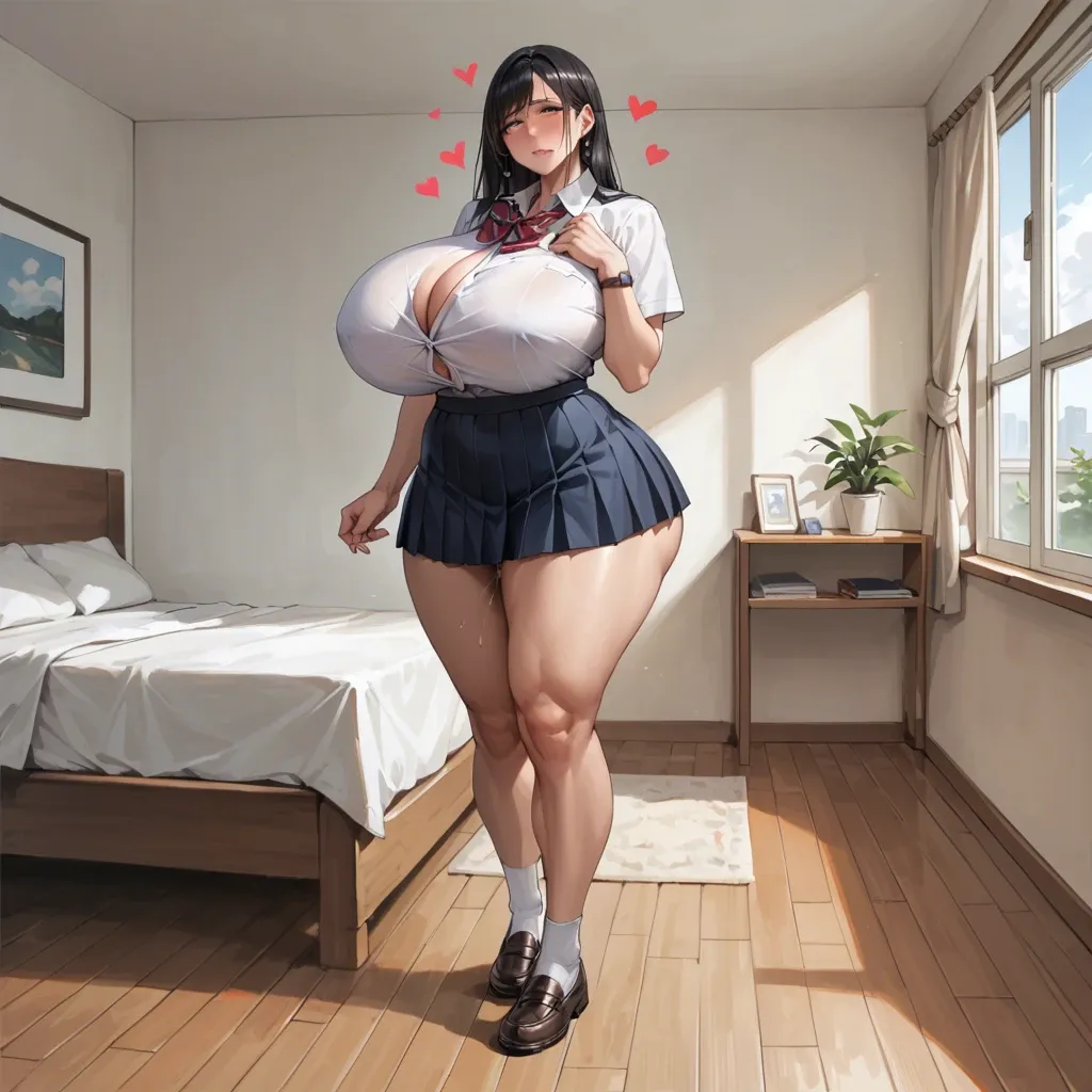 Milf,Huge ass, very wide hips, thick thighs, gigantic breasts, breasts bigger than head,black hair, hearts around head,shy ,embarrassed,very horny, leaking pussy juice, bedroom, standing, full body view,wearing japanese school uniform, underboob