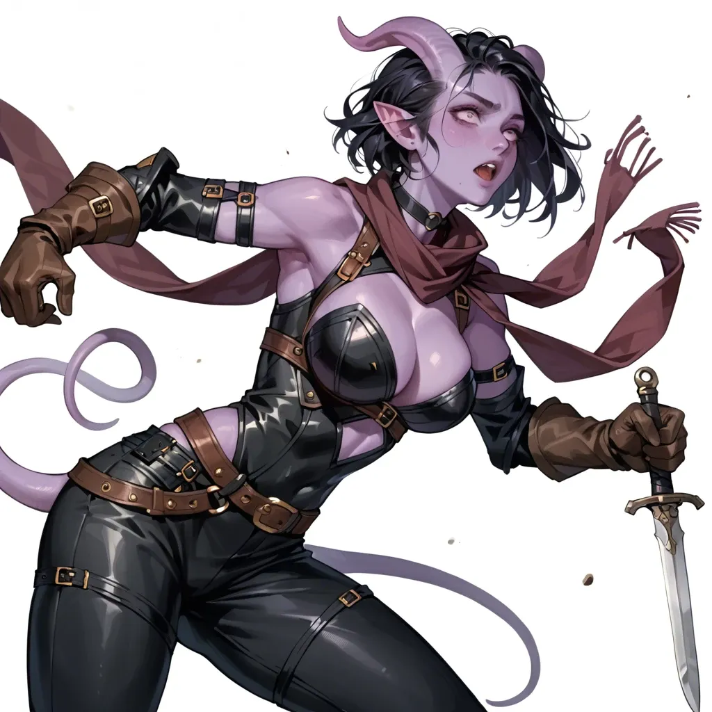 dynamic pose, skinny body, leather breastplate armor, big breasts, side view, thief adventurer outfit. dark shirt, scarf, pants, wide belt, tiefling girl with purple skin and black hair, cute. choker, , leather gloves, dagger, 20 years old, expressive face,