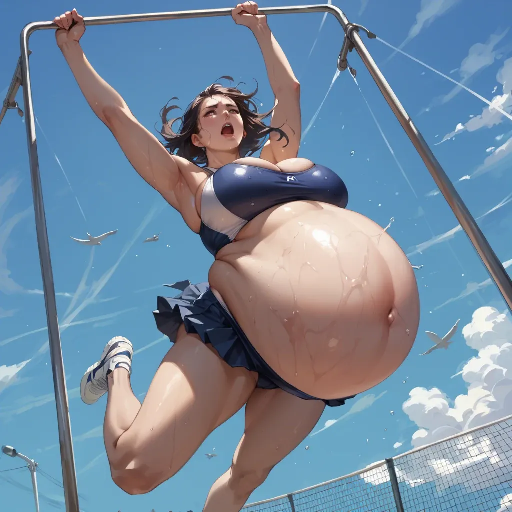 schoolgirl in a swimsuit on an air inflation big belly and boobs