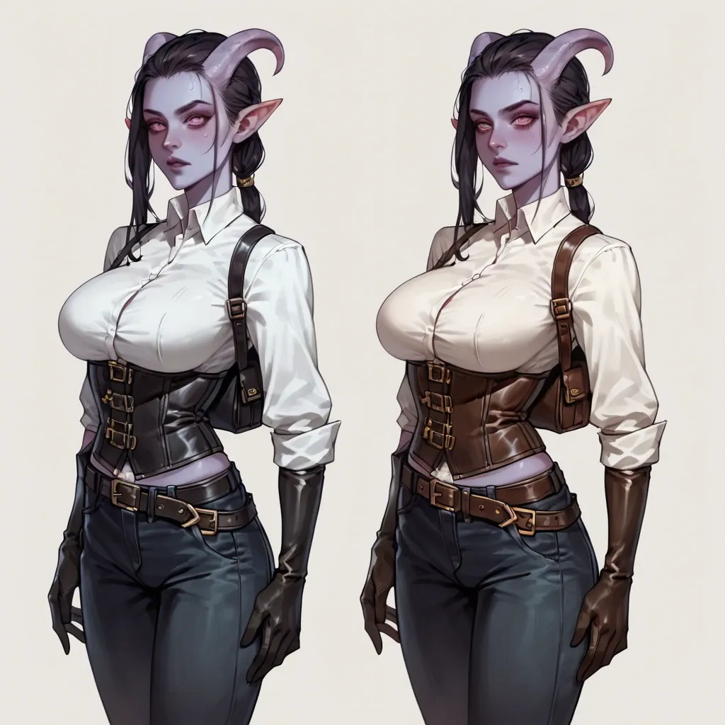 sexy face expression, sexy pose, young cute skinny tiefling girl, watching at viewer, big breasts, colored skin,  white shirt, leather corset, pants, belt, shirt, long gloves, adventurer thief outfit, side view daggers, potions, waist bag,