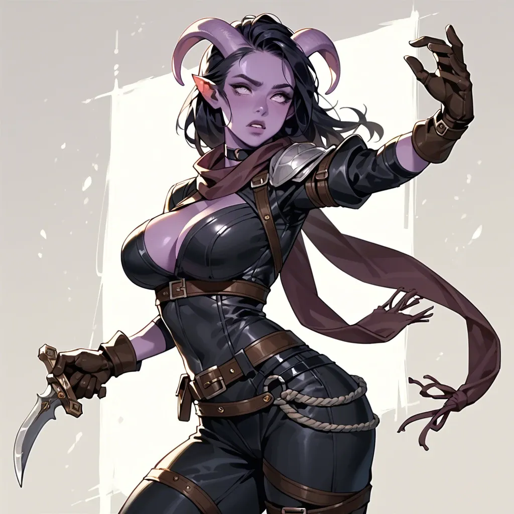 dynamic pose, skinny body, leather breastplate armor, big breasts, side view, thief adventurer outfit. dark shirt, scarf, pants, wide belt, tiefling girl with purple skin and black hair, cute. choker, , leather gloves, dagger, 20 years old, expressive face,