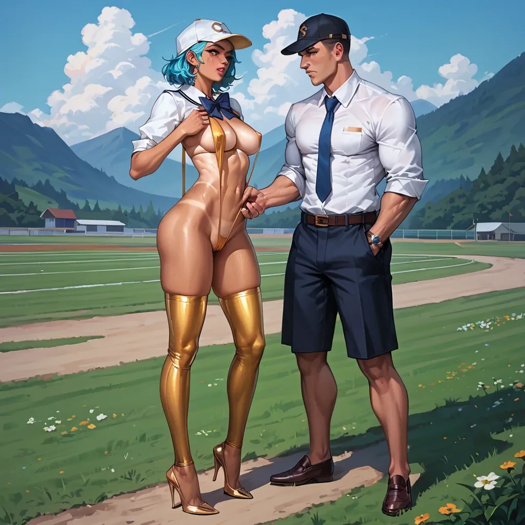 gwen from league of legends  , tan line,, 2girl, , , , large nose,on tiptoe,perky tits,grab,neck, school uniform,gold stockings,cap,sling bikini,stiletto heels, nobara, field, android, wonder woman