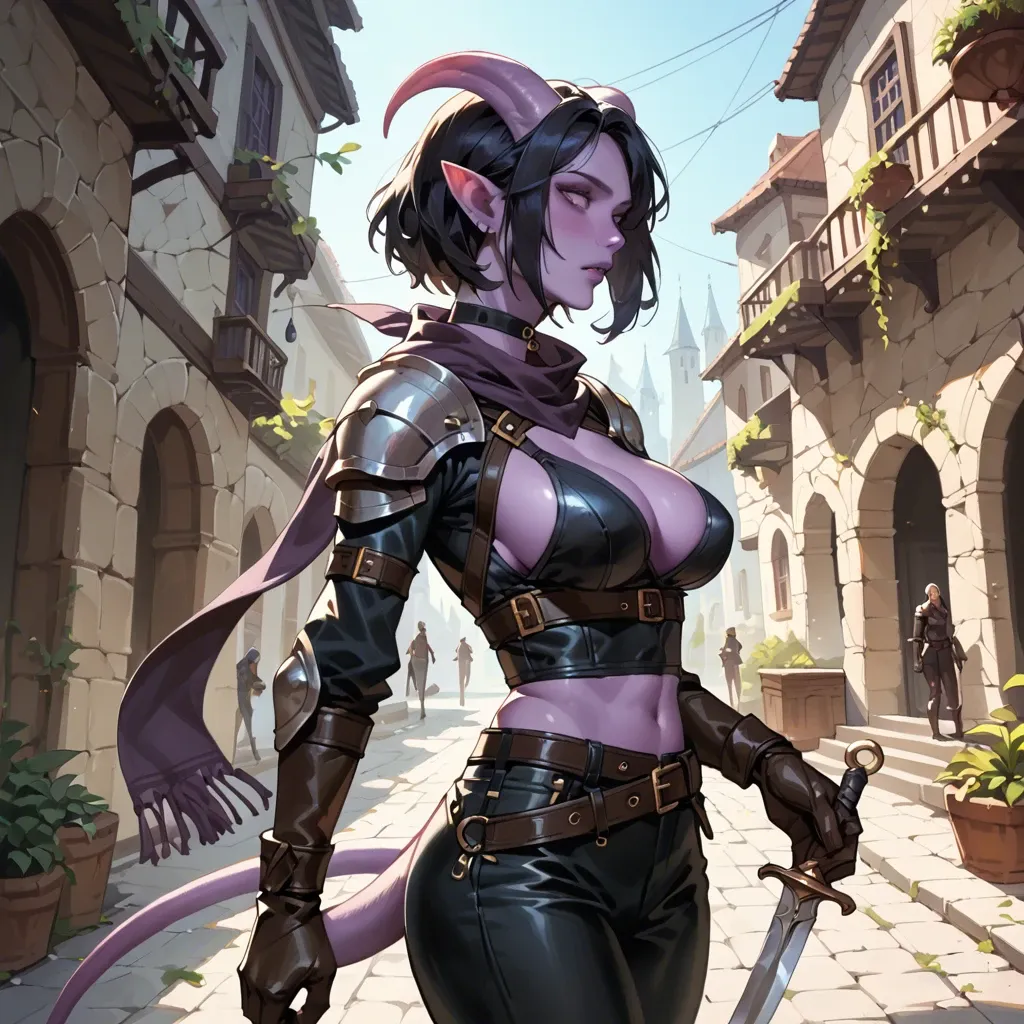 skinny body, leather breastplate armor, big  breasts, side view, thief adventurer outfit. dark shirt, scarf, pants, wide belt, tiefling girl with purple skin and black hair, cute. choker, , leather gloves, dagger, 20 years old, expressive face,