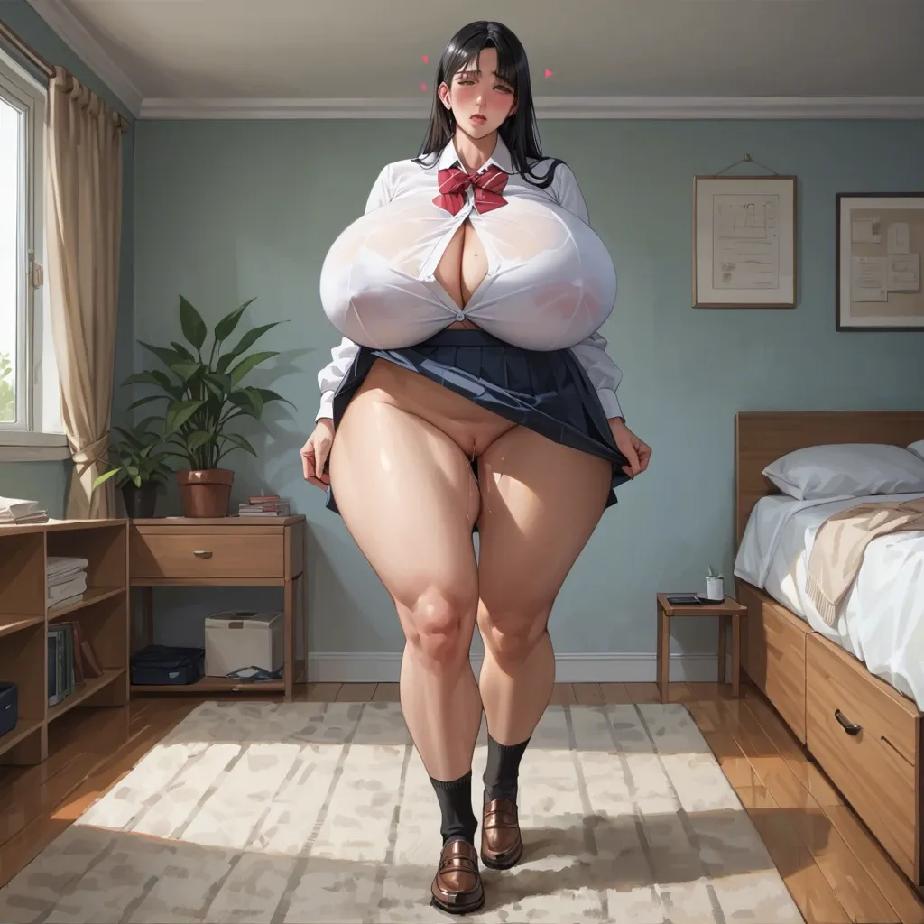 Milf,Huge ass, very wide hips, thick thighs, gigantic breasts, breasts bigger than head,black hair, hearts around head,shy ,embarrassed,very horny, leaking pussy juice, bedroom, standing, full body view,wearing japanese school uniform, underboob