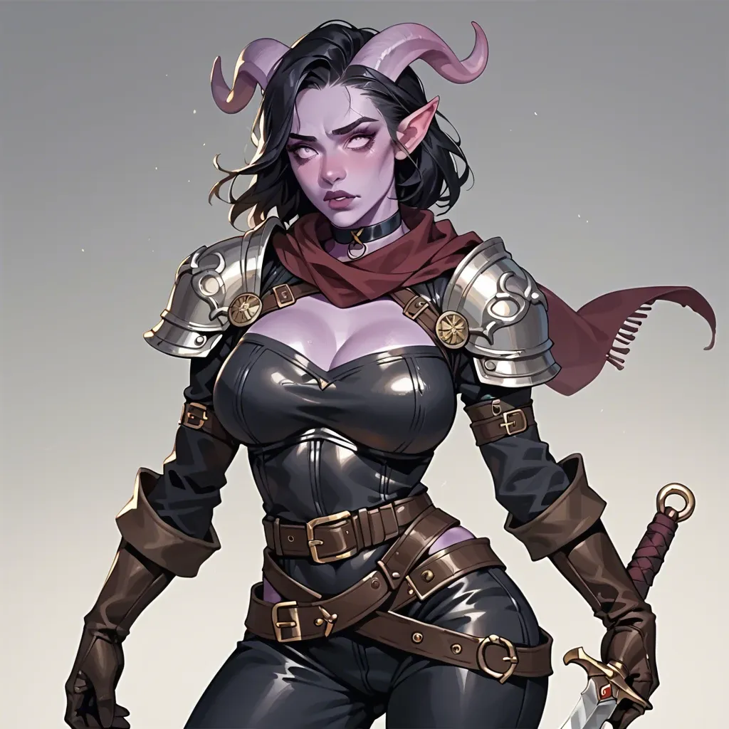 skinny body, leather breastplate armor, big breasts, thief adventurer outfit. dark tunic, scarf, pants, wide belt, tiefling girl with purple skin and black hair, cute. choker, , leather gloves, dagger, 20 years old, expressive face, tongue out, long tongue (10cm), side view