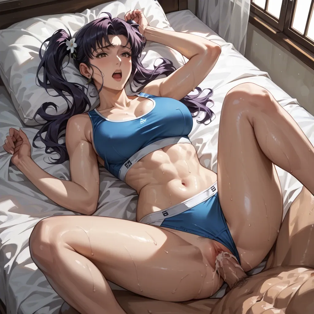 Misato twintails mature women,sex missionary on bed, sports bra panties White floral