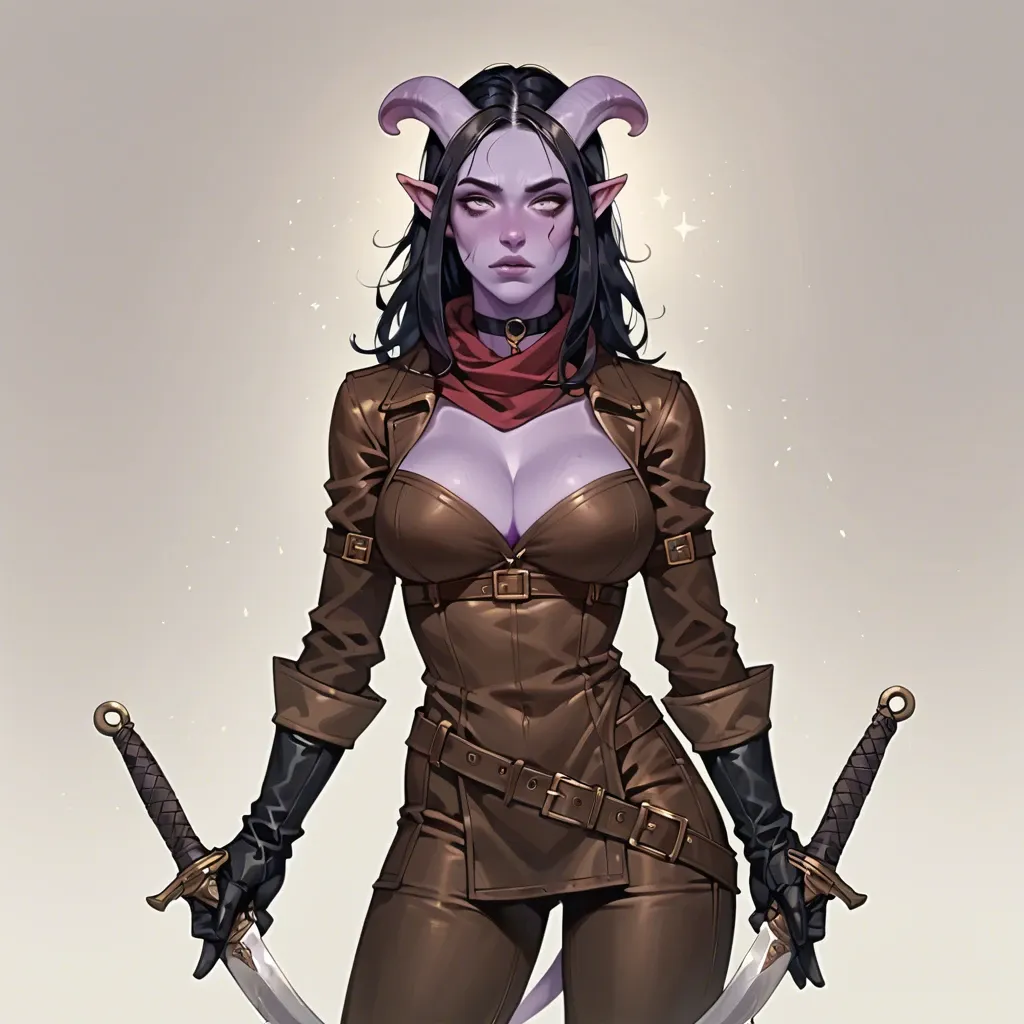 skinny body, leather breastplate cuirass, big breasts, thief adventurer outfit. tunic, scarf, pants, wide belt, tiefling girl with purple skin and black hair, cute. choker, , leather gloves, dagger, 20 years old, expressive face, side view